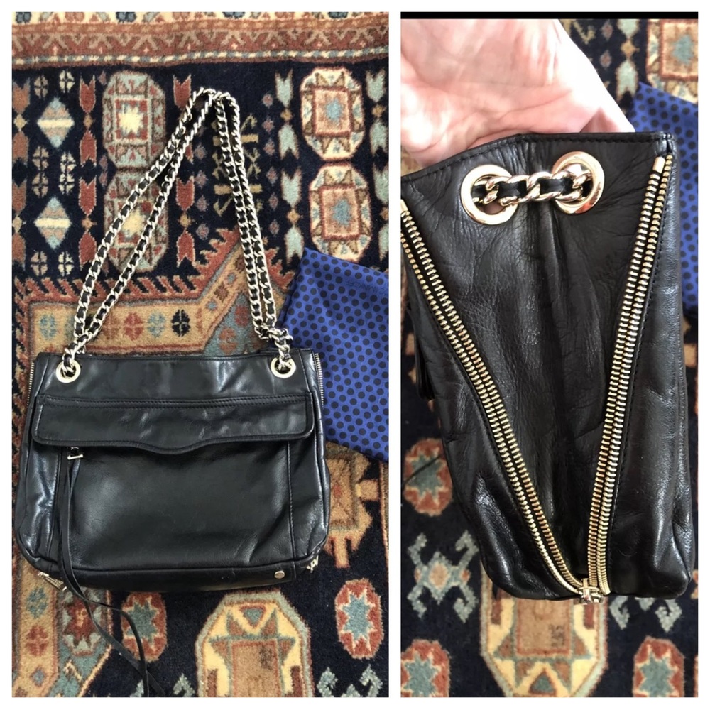 Rebecca Minkoff black leather shoulder bag purse dust bag chain strap 2 way bag